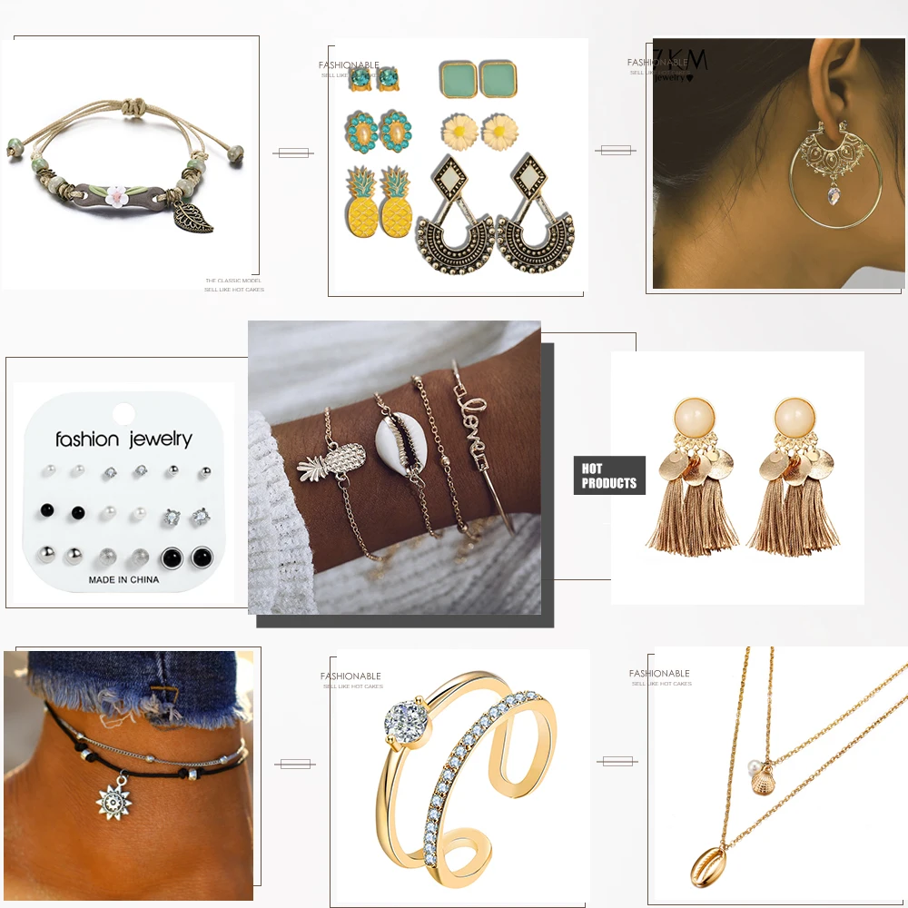 

17KM 9PCS Fashion Jewelry Set Cowrie Shell Pendant Necklace Pineapple Bracelets Multi Layered Sun Anklet Crystal Rings for Women