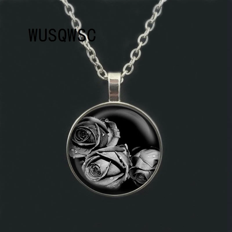 

WUSQWSC Black Rose Flower Pendant Necklace Art Print Glass Jewelry Gifts for Him or Her Goth Gothic