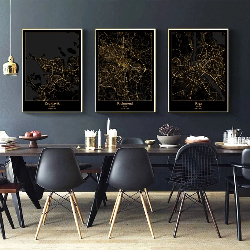

Reykjavik Iceland,Richmond USA,Riga Latvia,Modern City Gold Map Canvas Art Print Home Room Decor Poster