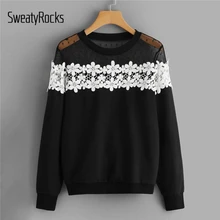 SweatyRocks черная контрастная Кружевная футболка с длинным рукавом и круглым вырезом Повседневные пуловеры Весенняя уличная одежда цветочные женские толстовки
