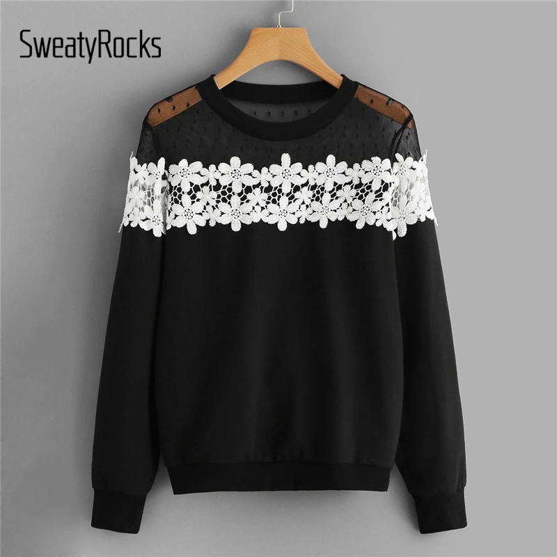 SweatyRocks الأسود التباين الدانتيل البلوز طويلة الأكمام س الرقبة عارضة البلوفرات 2019 الربيع الشارع الشهير الأزهار النساء بلوزات