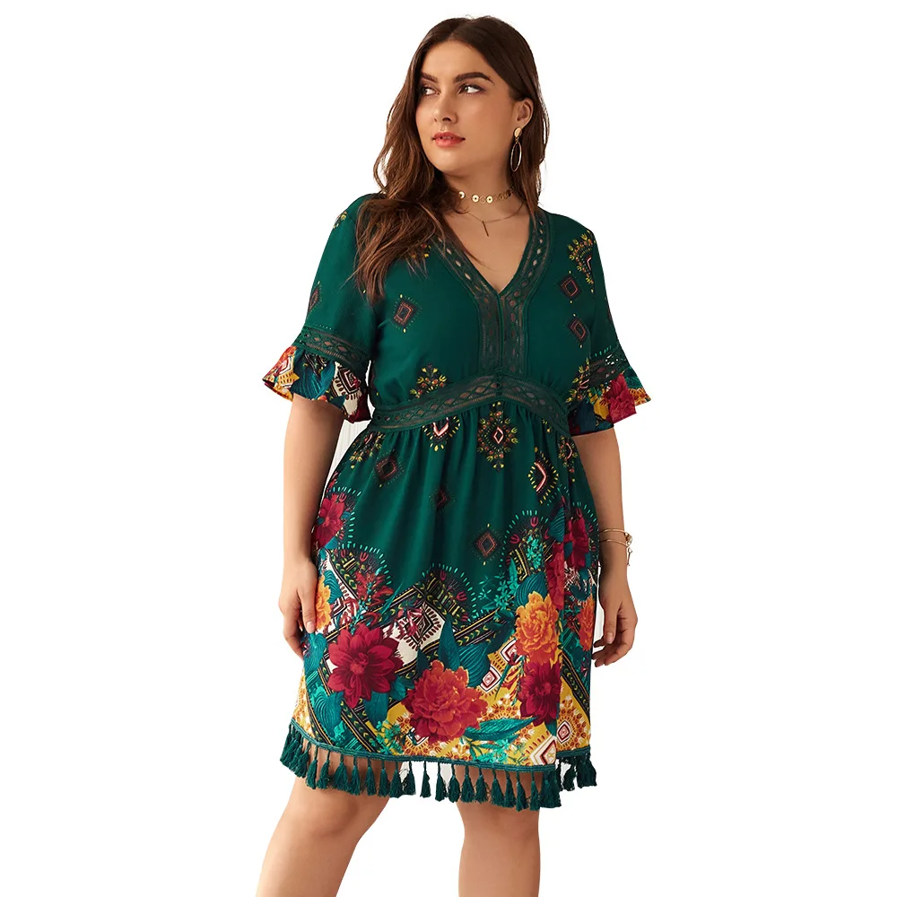 Платье для отдыха в стиле бохо с цветочным принтом, большие размеры, женское летнее платье с v-образным вырезом и коротким рукавом, кружевное платье миди с кисточками, туника, пляжные платья - Цвет: Армейский зеленый
