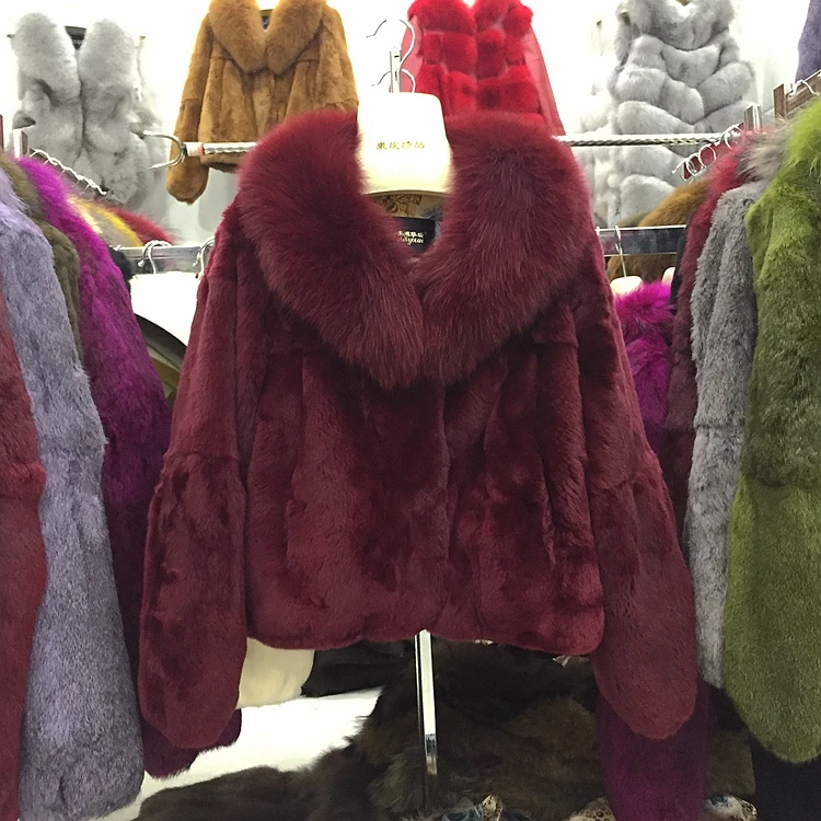 Натуральная Шуба из кролика Рекс короткая стильная куртка большой меховой воротник лисы пальто женская зимняя верхняя одежда пальто - Цвет: Red wine