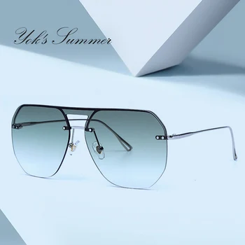 

YOK'S Rimless Oversized Polygon One Piece Sunglasses Women Brand Metal Frame Gradient Green UV400 Decoration Glasses Gafas W1270