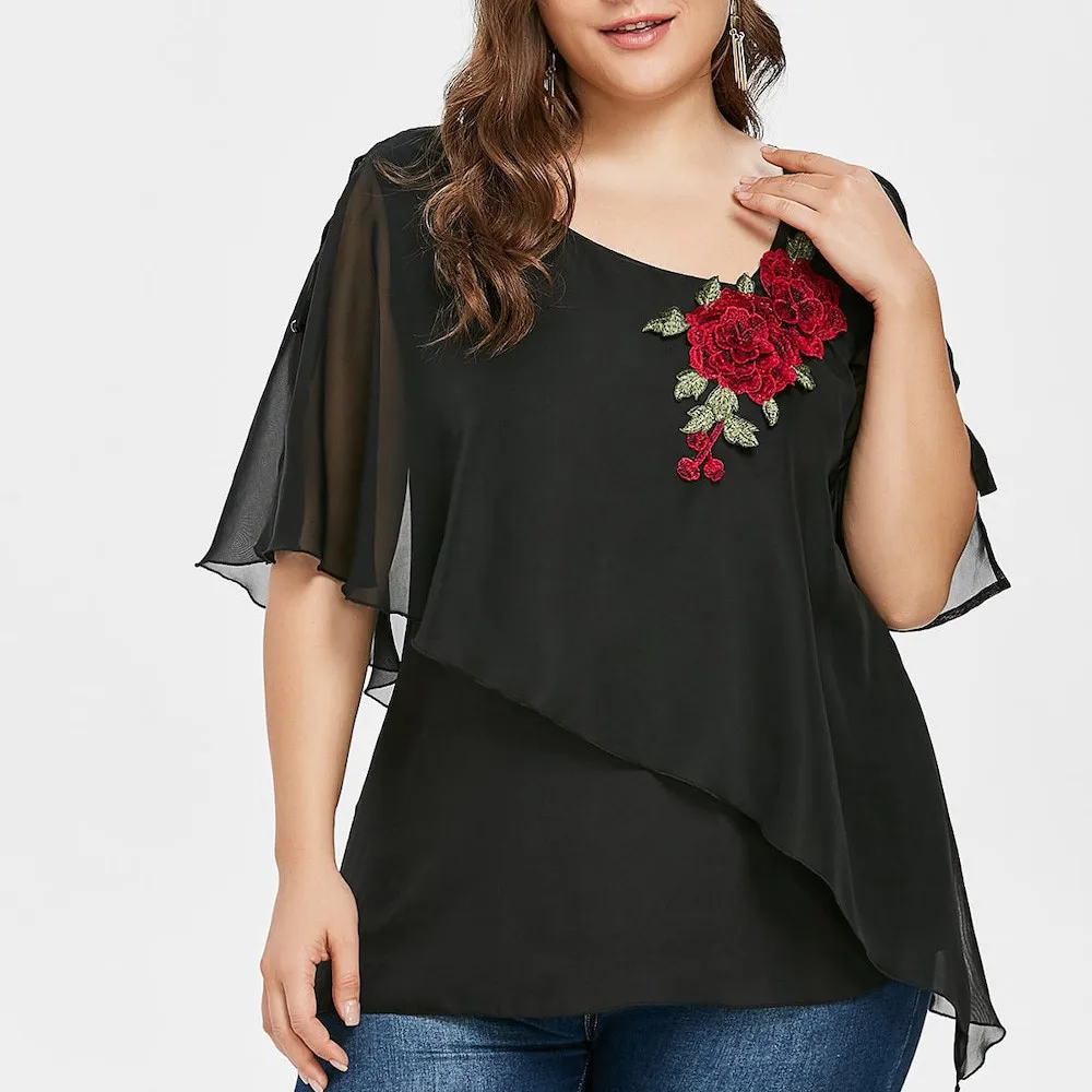 Plus Size Black Embroidered V-neck Chiffon Blouses