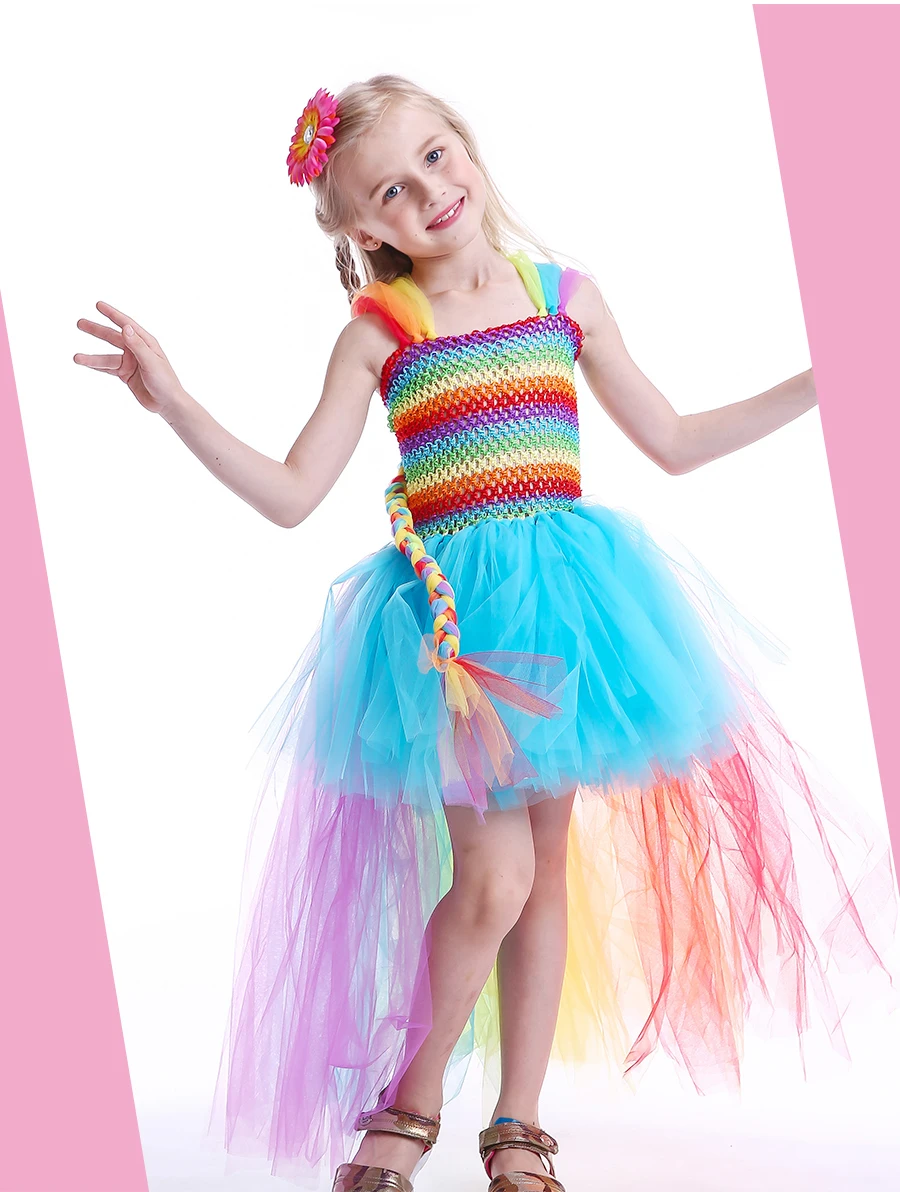 Candy Rainbow Tutu Dress and Daisy Hair Clip Set Girl Birthday Party Dress Easter Halloween Costumes Kids Pageant Ball Gown (2)
