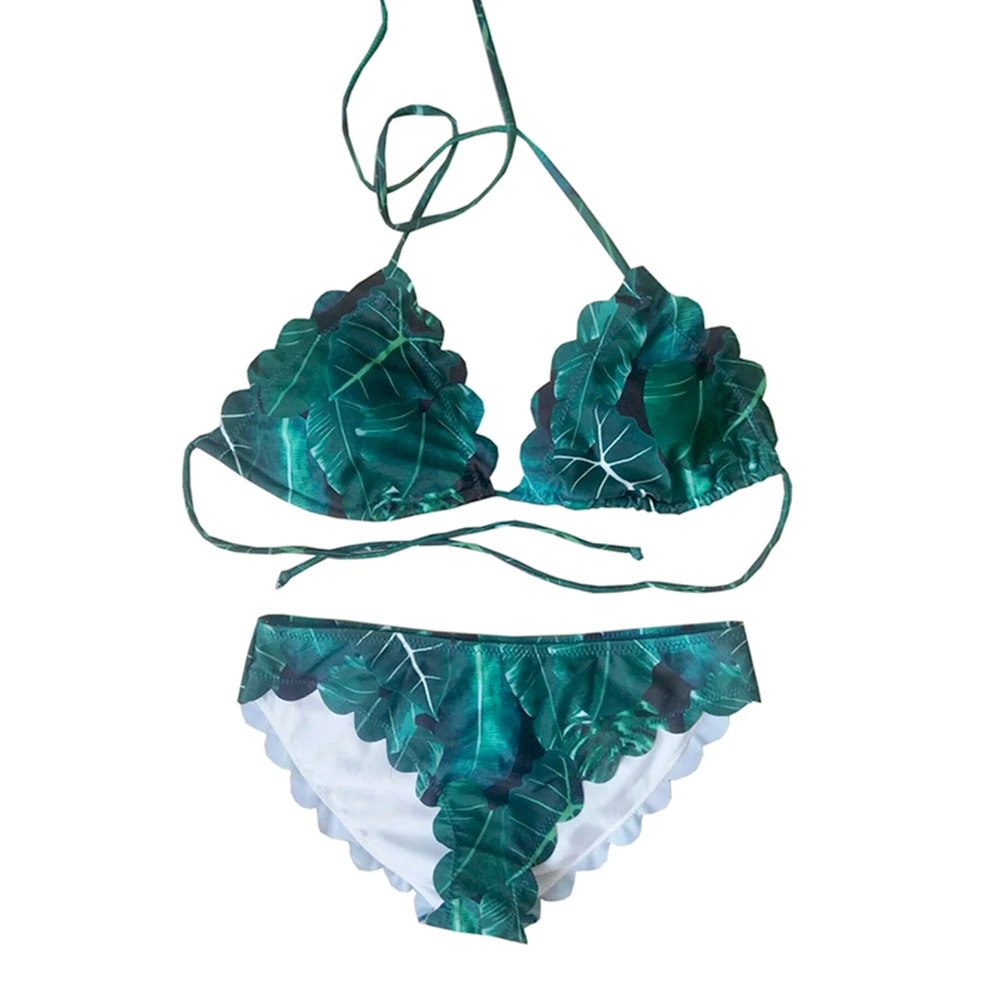

2018 Sexy High Neck Bikini Swimwear Women Swimsuit Brazilian Bikini Set Green Print Halter Top Beach wear Bathing Suits