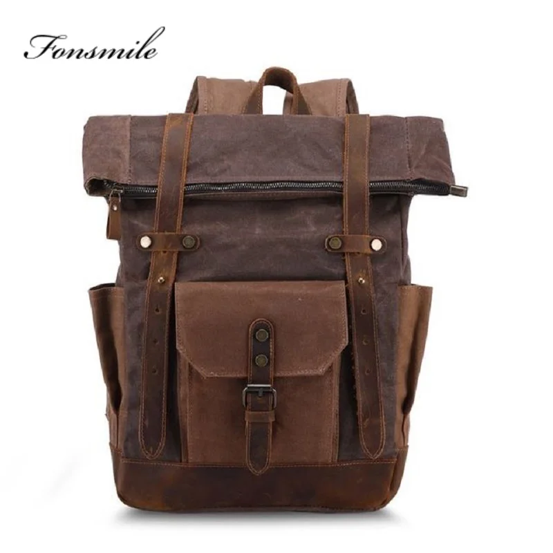 

T038 New Vintage Oil Waxed Canvas Leather Backpack Europe America Teenager Traveling Waterproof Daypacks 14" Laptops Rucksack