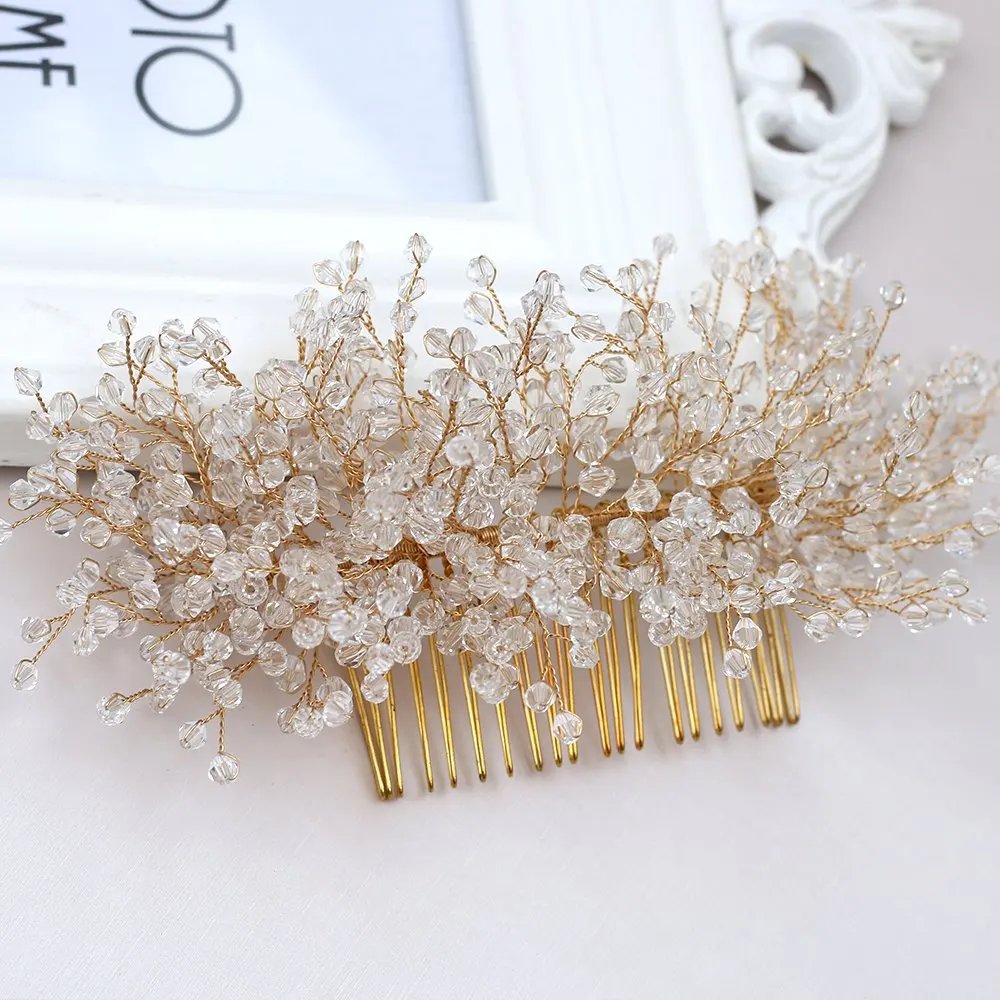 

Fashion Handmade Beaded Hair Combs Charming Bridal Wedding Headdress Accessories Gold Color Plant Design Hairpins Headpiece Gift
