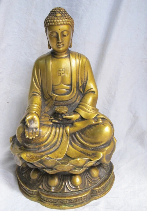 

12"Tibetan Bronze tathagata ru lai Buddha hand Take a lotus plumule Statue