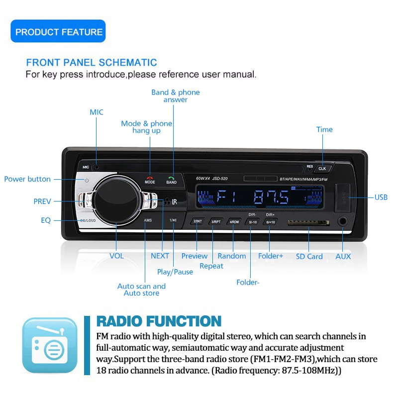 Автомобильный радиоприемник с Bluetooth 12 в автомобильный стерео радио FM Aux-IN вход приемник SD USB JSD-520 в тире 1 din автомобильный MP3 мультимедийный плеер JSD520