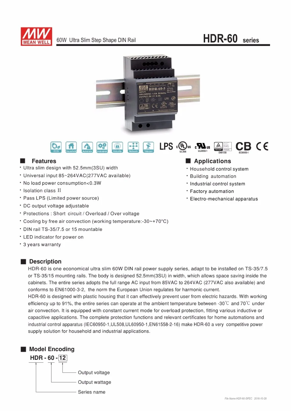 Означает также импульсный источник Питание 5 В 60 Вт 6.5a HDR-60-5 meanwell HDR-60 один Выход промышленные din-рейку Питание