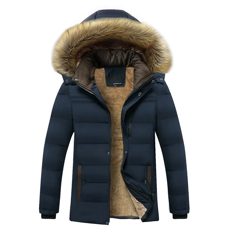 Мужская зимняя куртка с меховым воротником и капюшоном Новая модная теплая подкладка из шерсти мужская куртка и пальто ветрозащитная Мужская парка casaco - Цвет: Navy blue