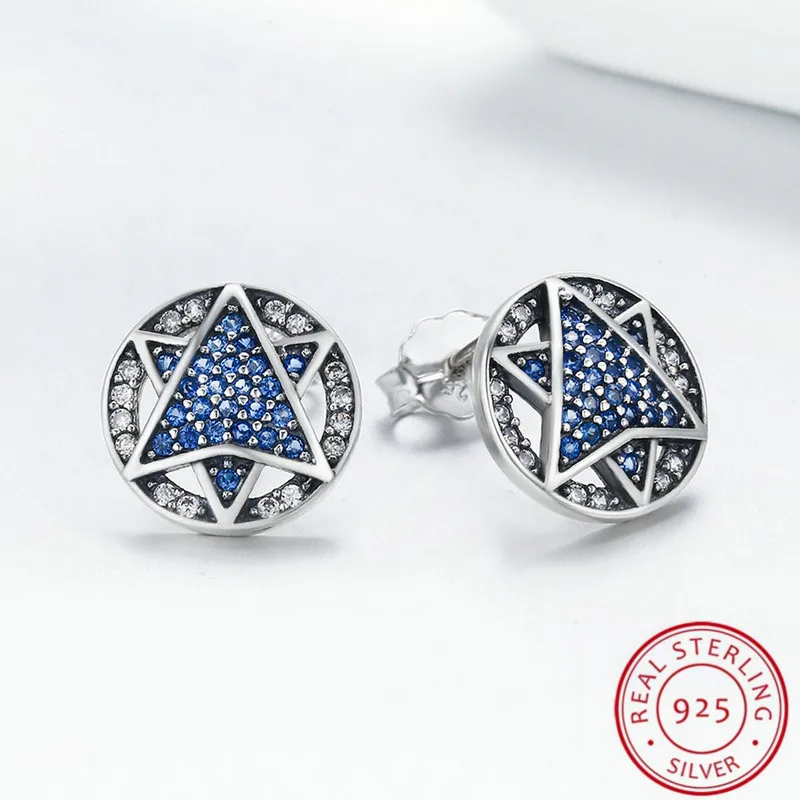 

Promotion Women Blue CZ Round Star Stud Earrings,Fashion Earrings,Wholesale 925 Sterling Silver Earrings Trendy Jewelry Brincos