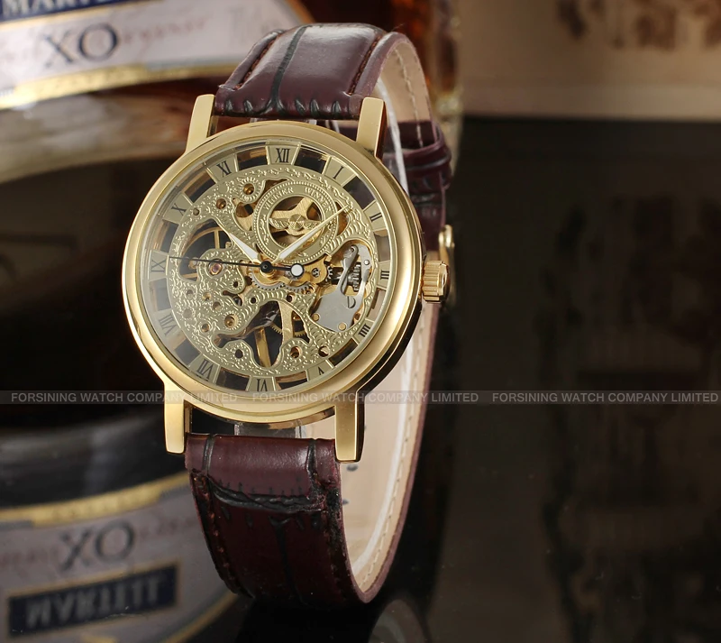 Factory Directly Deep Red Band Golden Mens Skeleton Watches T-winner For Sale