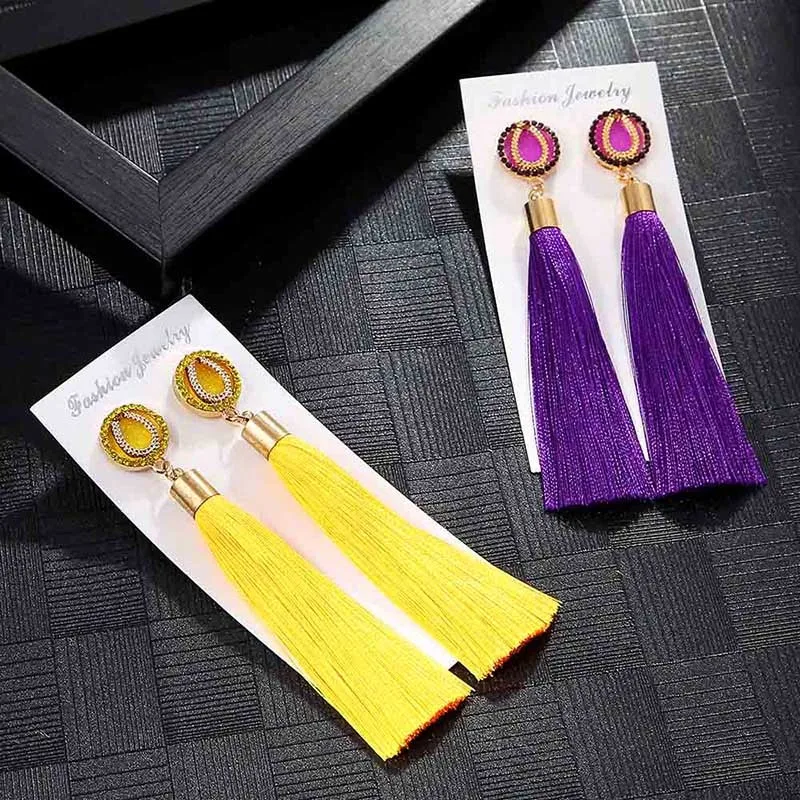 IMG_4025 Trendy Earrings Drop Earrings SilkAlloyDangleLongBohemianBlueOrangeMetalBohoGold Tassel Earrings For Women Jewelry