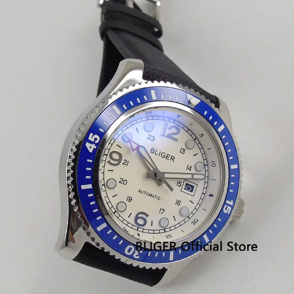 

Fashion 44mm BLIGER White Dial Luminous Hands Leather strap Rotating Bezel Calendar Steel Case Automatic Movement men's Watch