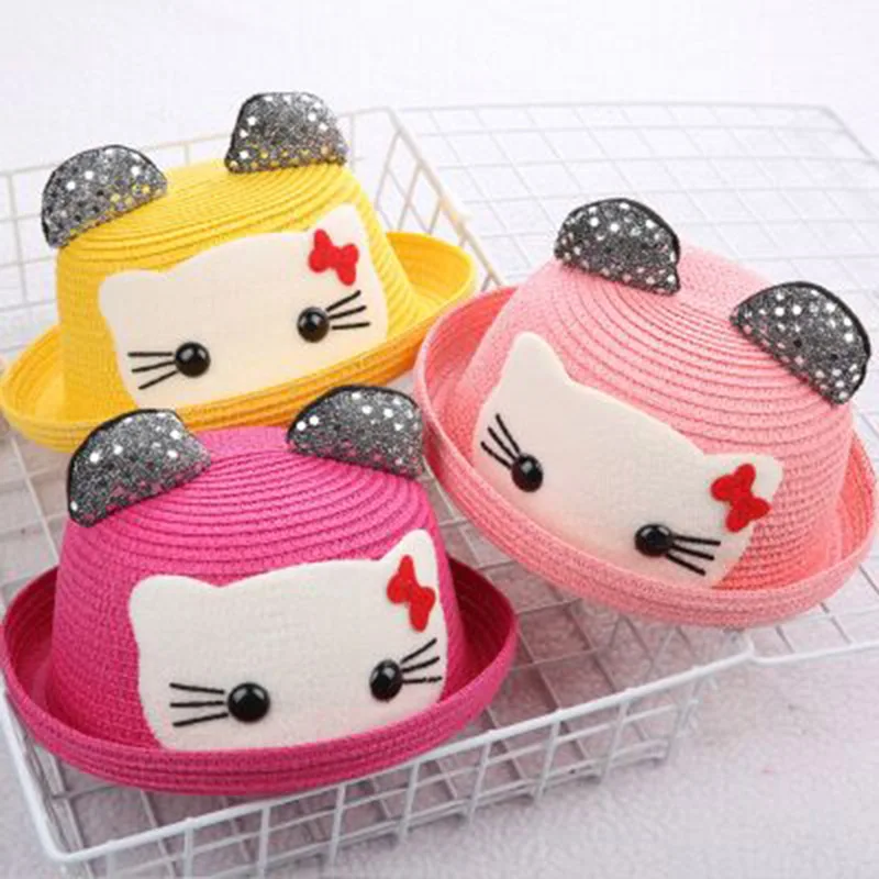 MAERSHEI الصيف الصبي الفتيات قبعات من القش الترتر قبعات للحماية من الشمس للأطفال لطيف القط الأذن قبعات الشاطئ واقية من الشمس الفاتحة كاب