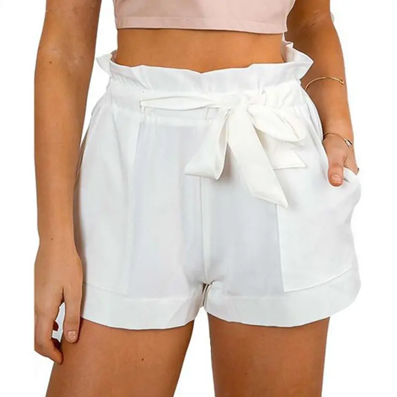 Для женщин Шорты с высокой талией ремень с бантом шорты женские летние онлайн Горячие Свободные Твердые Цвет короткие Mujer Femme женственный