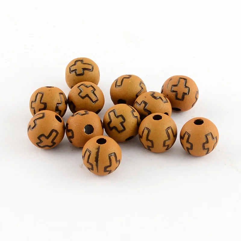 Imitation Wood Acrylic Beads, Round with Cross, Milk Chotolate, Size: about 8mm in diameter, hole: 2mm; about 1800pcs/500g