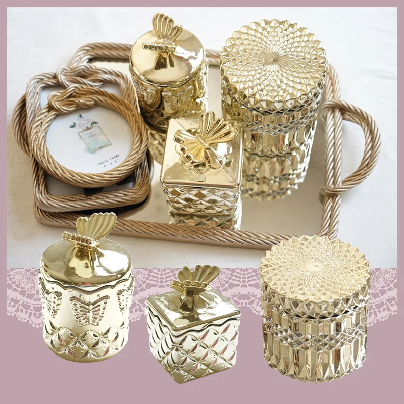 

Golden Embossed Jewelry Box With Cover Cosmetic Box Toothpick Cotton Swab Storage Box Jewelry Bottle Decorative Glass Jar 04330