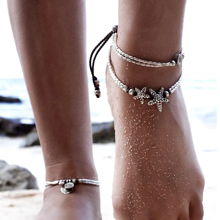 Женский браслет в стиле бохо ретро с морскими звездами|silver foot chain|women ankle braceletankle