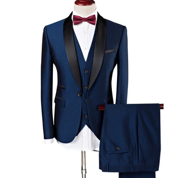 

Men Suit 2018 Wedding Suits For Men Shawl Collar 3 Pieces Slim Fit Burgundy Suit Mens Royal Blue Tuxedo Jacket (Vest+Coat+Pants)