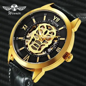

WINNER Latest Cool Black Men Skeleton Auto Mechanical Watch Genuine Leather Strap Golden Skull Heavy Metal Steampunk Wristwatch