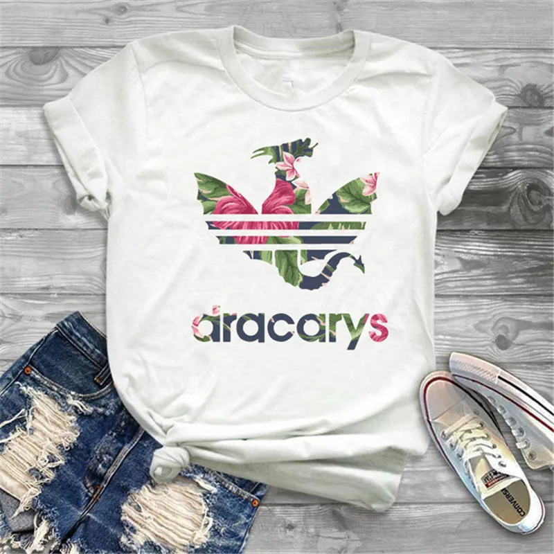 Showtly Dracarys GAME OF THRONE Female T Shirt Women Summer Dragon Print White Casual Plus Size Streetwear Fashion T shirt - Цвет: XWT0012-11-white