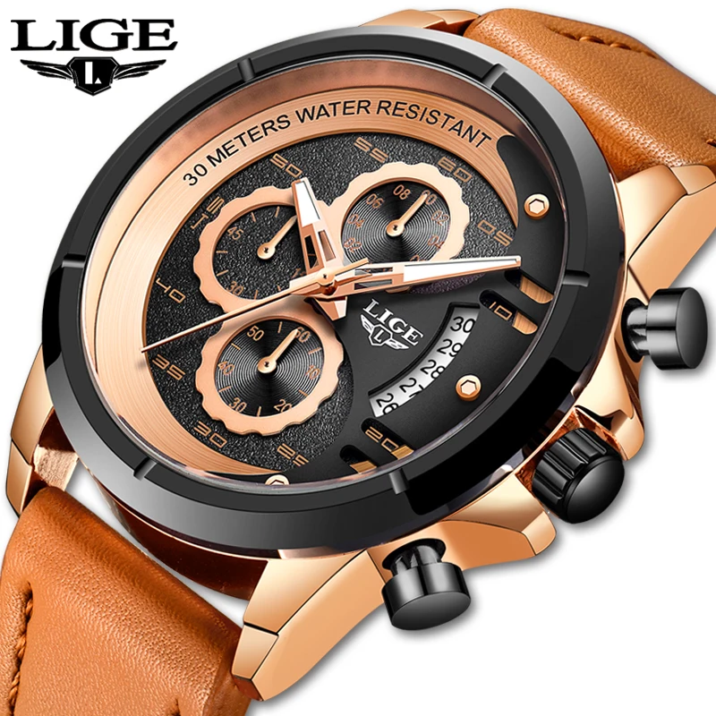 

LIGE Mens Watches Top Brand Luxury Quartz Gold Watch Men Casual Leather Military Waterproof Sport Wristwatch Relogio Masculino