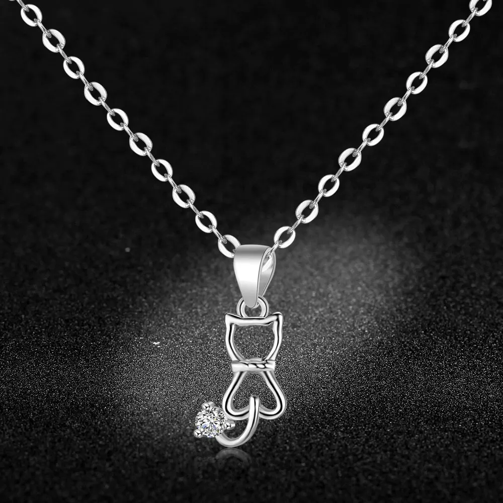 

Vnistar 100% 925 Sterling Silver Crystal Cat Charm Necklaces Women Gifts Wholesale Lovely Cat Pendant Chain Necklaces