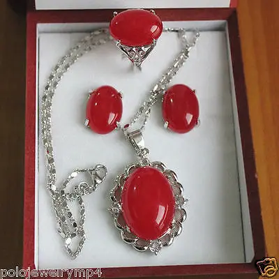 

New Jewelry Silver Plated Red Jade Ring Earrings Pendant Set>^^1>18K gold plated watch Quartz stone CZ crystal
