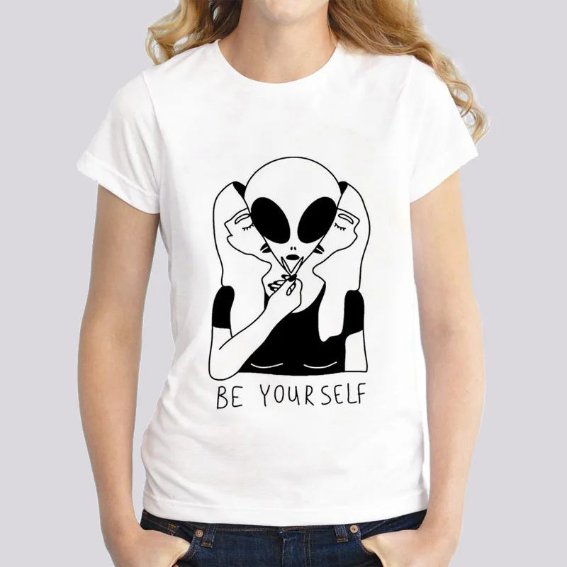 Новая футболка alien женская kawaii летняя Стильная белая с забавным принтом одежда