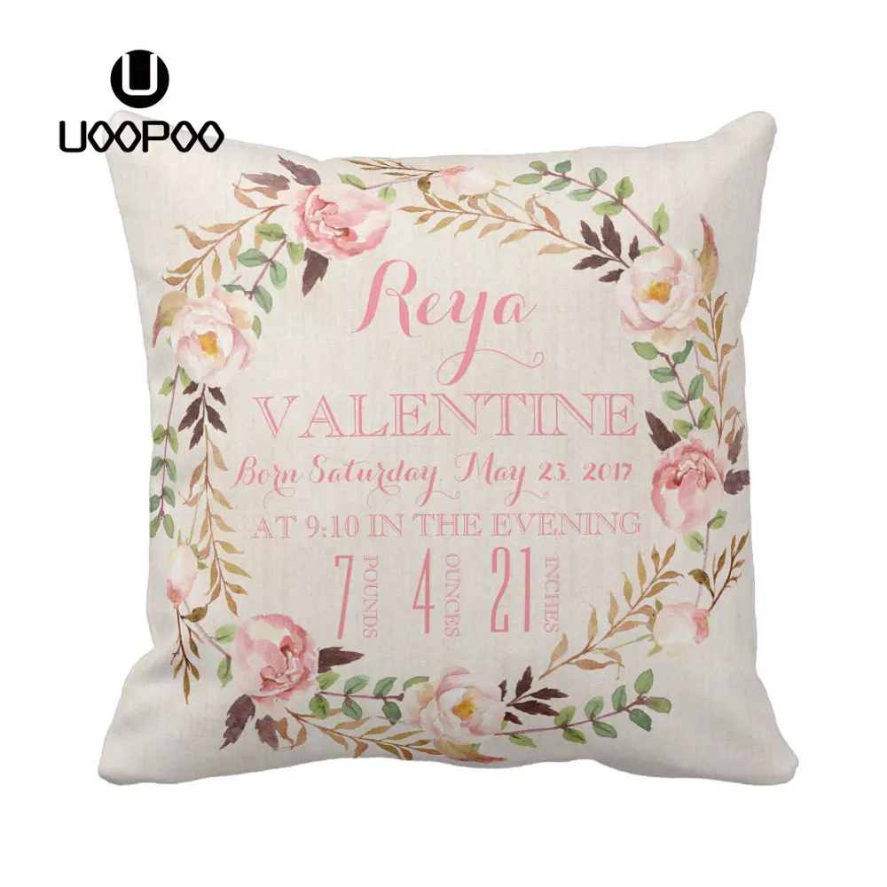 

Custom Kids Cushion Cover Rustic Floral Bohemian Birth Stats Square Cotton Linen Polyester Children Decorative Sofa Pillow Case