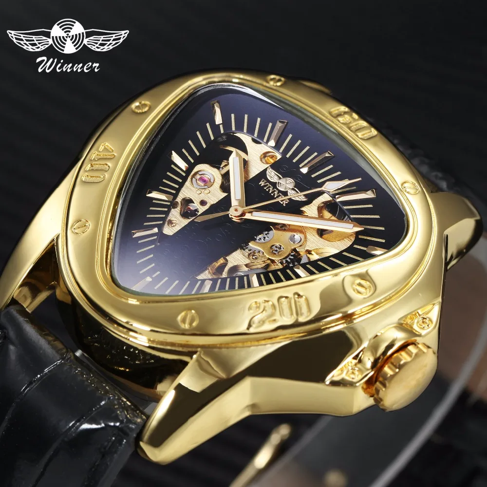 

WINNER Sporty Adventure Men Golden Automatic Mechanical Watch Triangle Leather Strap Top Brand Luxury Wristwatch