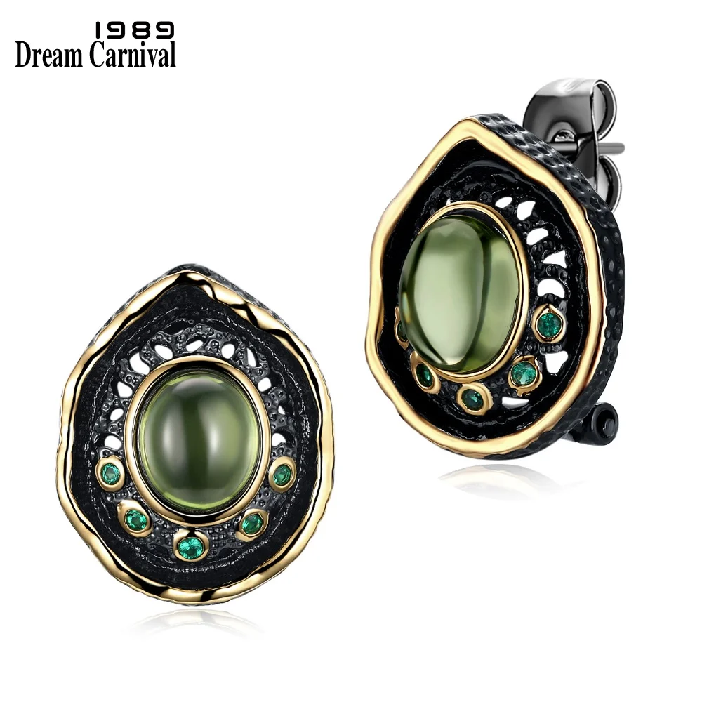 Billige DreamCarnival 1989 Transparent Grün Bead Stud Ohrringe für Frauen Schwarz Gold Farbe Vintage Gothic Grün Zirkonia Pendientes