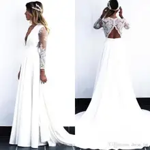 2019 Wedding Dress Plunging deep V Neck Lace Open Back A Line Long Sleeves Lace and Chiffon Beach Bridal Gown wedding dresses 2019 Wedding Dress Plunging deep V Neck Lace Open Back A Line Long Sleeves Lace and Chiffon Beach Bridal Gown wedding dresses