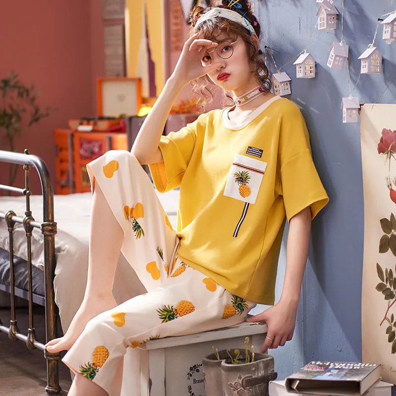 Оригинальные летние женские хлопковые пижамы Song, комплект с короткими рукавами и принтом, Повседневная Домашняя одежда, пижамные