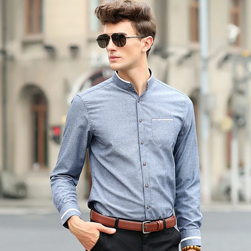 2015 Mens Shirt Mandarin Collar Brand Shirts Solid Slim Fit Cotton ...