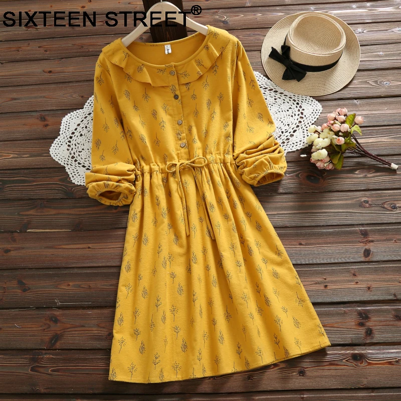 

New yellow print long sleeve dress woman elastic waist ruffled neck loose cotton mid dress femme pink slim vintage vestidos girl