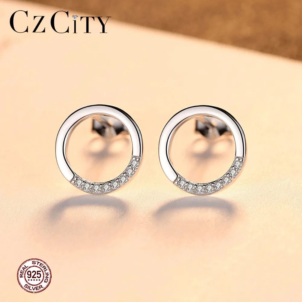 CZCITY из чистого стерлингового серебра 925 Симпатичные Круглые серьги гвоздики для