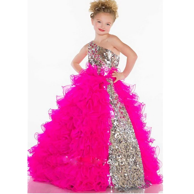 Sparkling Sequin and Tulle One Shoulder Floor Length Children Pageant Dresses for Little Girls
