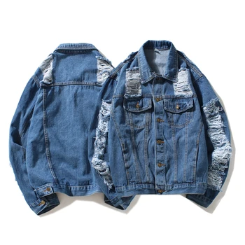 

Men's Washed Destroyed Denim Jacket 2018 High Street Trend Pleated Hole Jackets Europe the United States Men Vintage Denim Coat