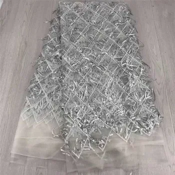 

Luxury Silver Gold African French Net Sequin French Laces Fabric 2018 Latest 3d Tassel Embroidery Mesh Tulle Sequins Lace Fabric
