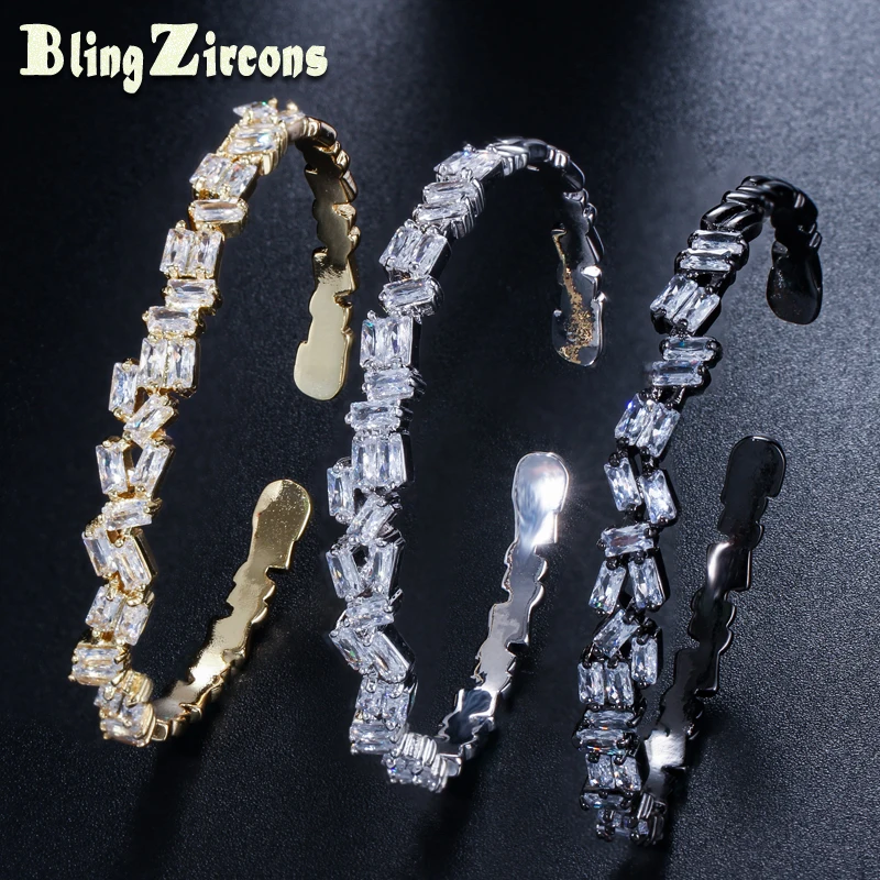 

BeaQueen Fashion CZ Crystal Black Gun Color Women Men Jewelry Cubic Zirconia Baguette Cuff Bracelets Bangles Jewellery B117