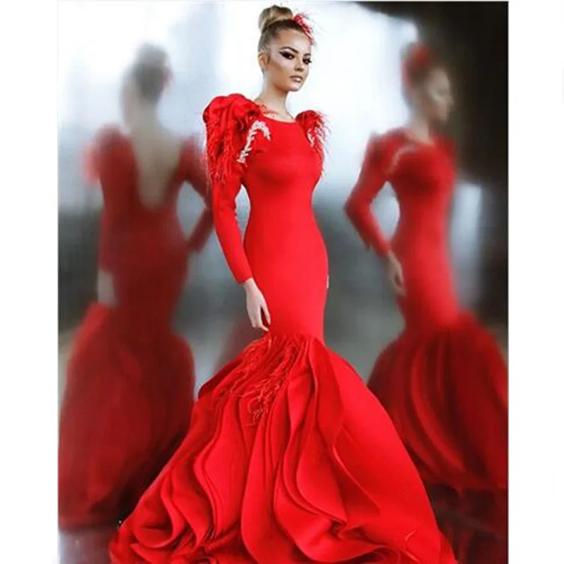 Модные длинные рукава, красное вечернее платье с бисером и бусинами, с рюшами, Русалочка, Африканское платье выпускного вечера, vestido de festa Longo, новинка