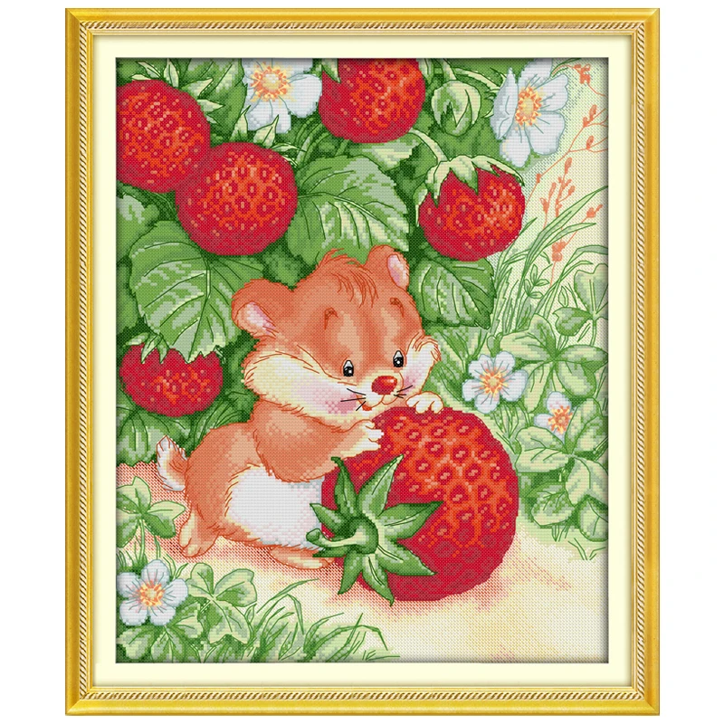 

Elephant Rat Picking Strawberries Counted Cross Stitch DIY 11CT 14CT Cross Stitch Set Animals Cross-stitch Kits Embroidery