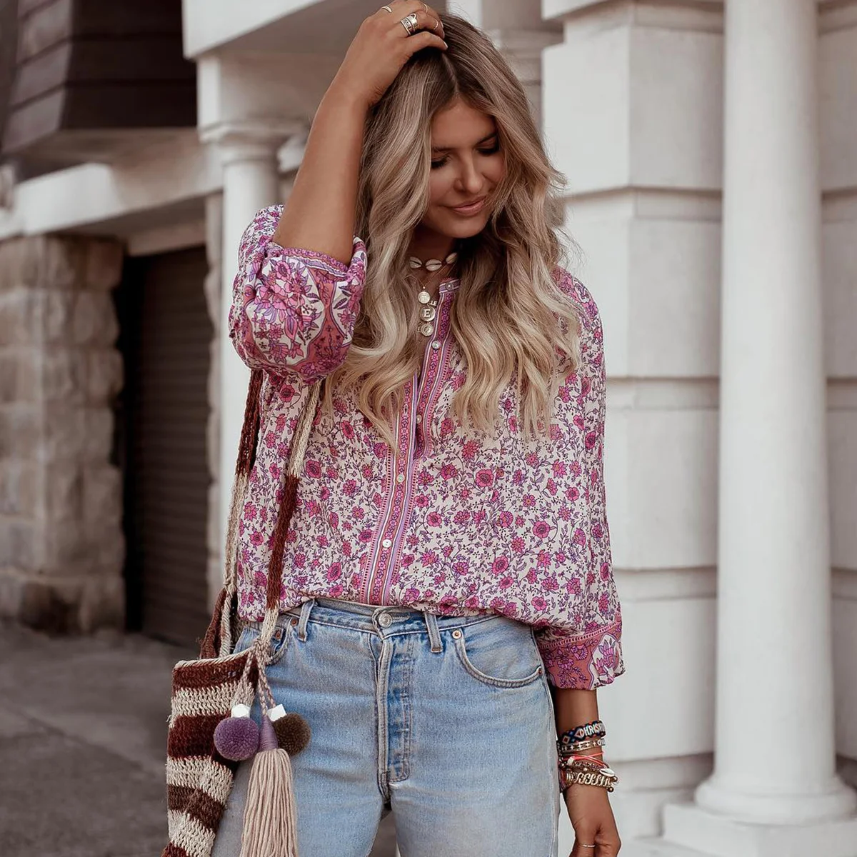 

Rosy Red Boho Blouse Women Shirts Jasmine Floral Print Long Sleeve Shirt Button Down Sexy Ladies Summer Autumn Tops Blouses 2018