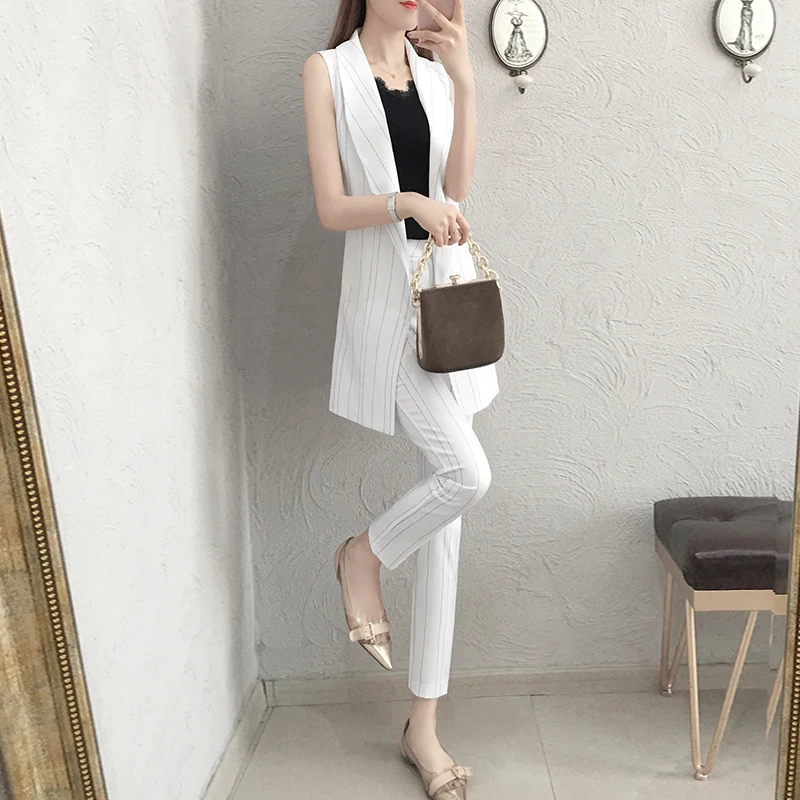 Sleeveless 2 Piece Set Women Striped Women Two Piece Outfits Ol Woman Suits Lady Suit Office Top&pants Set Conjunto Feminino Sleeveless 2 Piece Set Women Striped Women Two Piece Outfits Ol Woman Suits Lady Suit Office Top&pants Set Conjunto Feminino