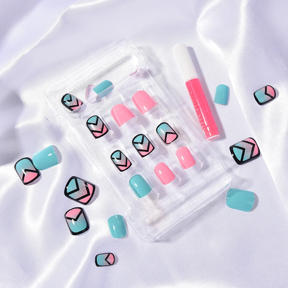 

24pcs With 2g Nail Glue Vintage Pink And Blue Hit Pure Color Pattern French False Nails With Glue Cute Fake Nails Short Size
